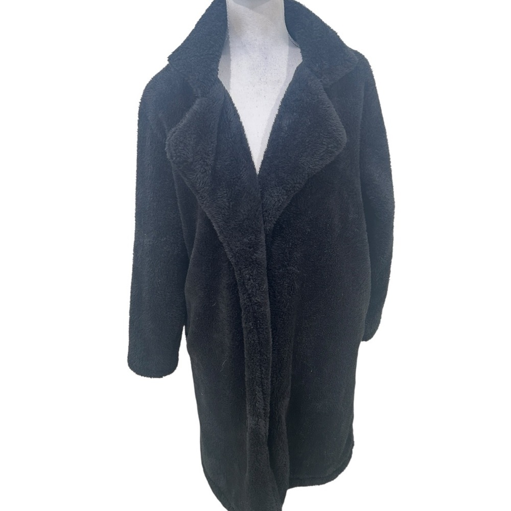 Angashion Black Teddy Jacket coat notched collar lined open front size xl